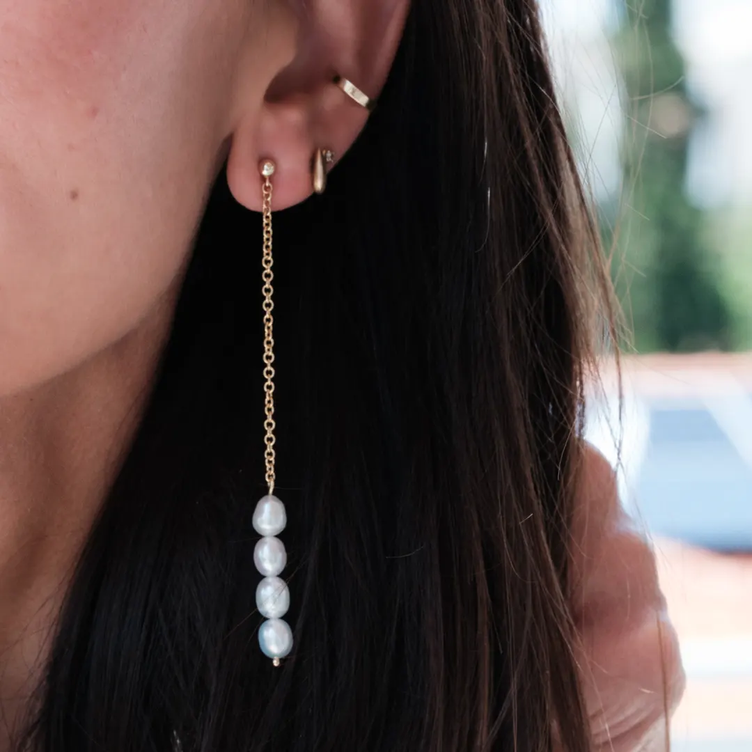 14K Gold 4 Pearls long chain Earrings - Image 2