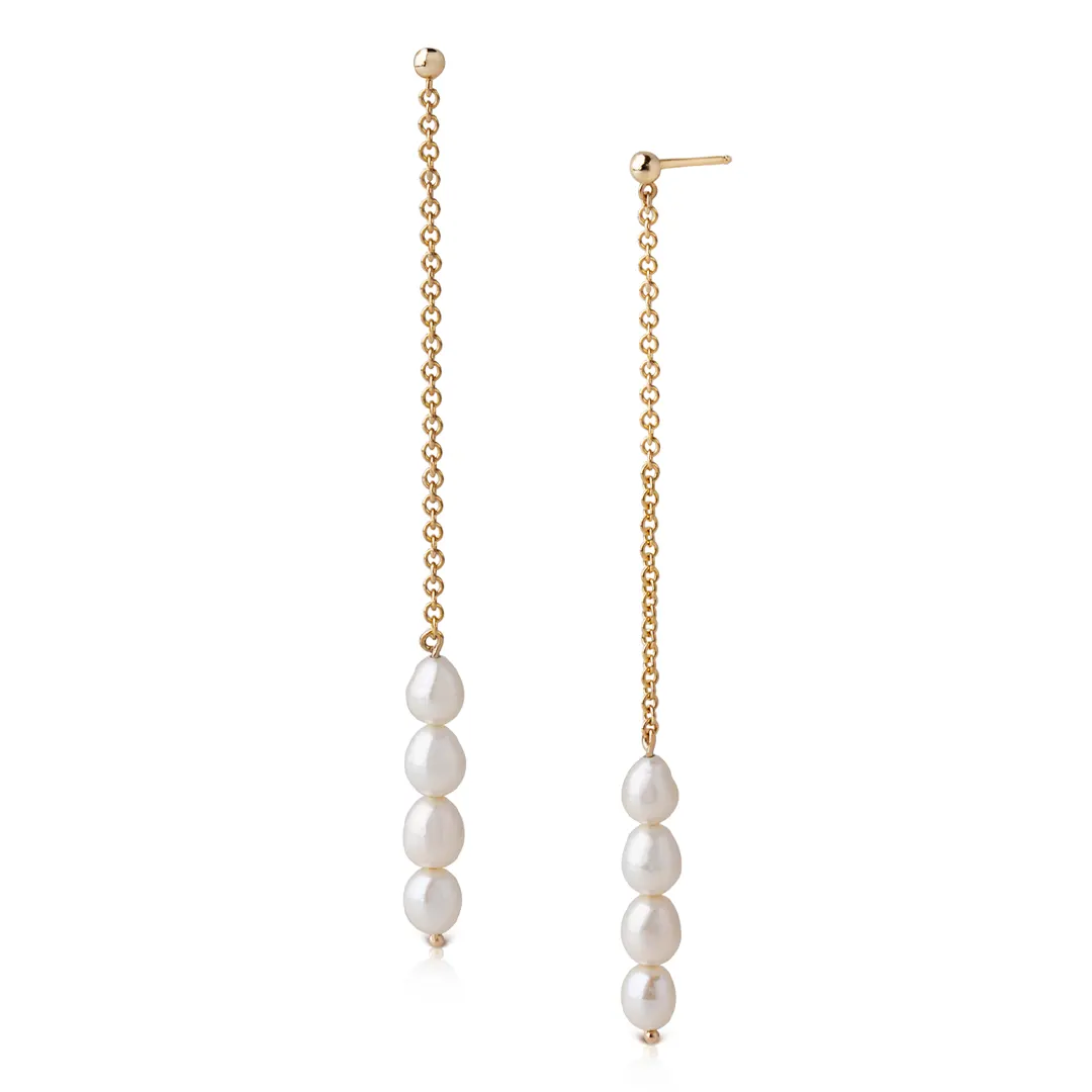 14K Gold 4 Pearls long chain Earrings - Image 3