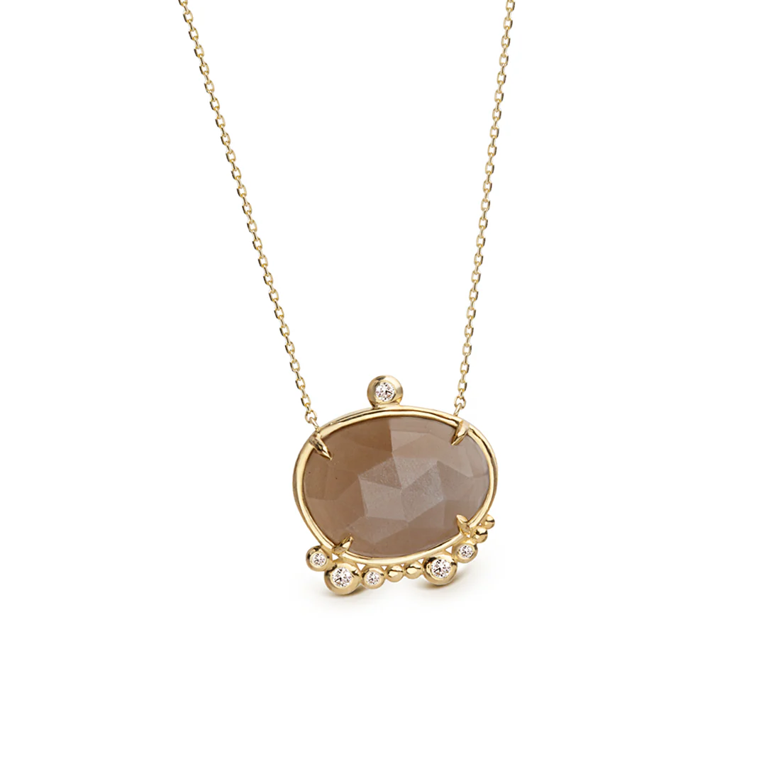 14K Gold almost round Moonstone Necklace with Diamonds - Image 2