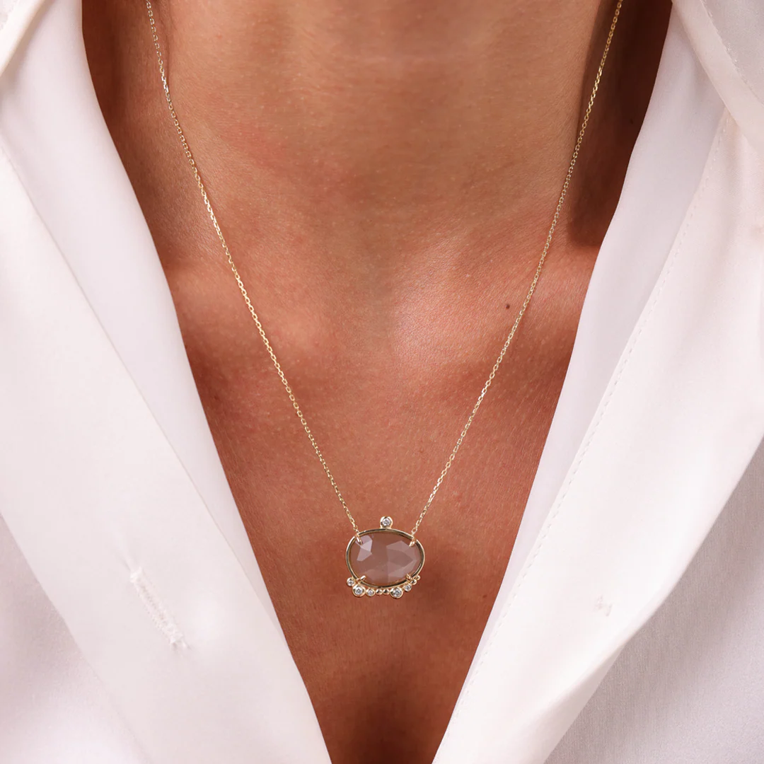 14K Gold almost round Moonstone Necklace with Diamonds - Image 3