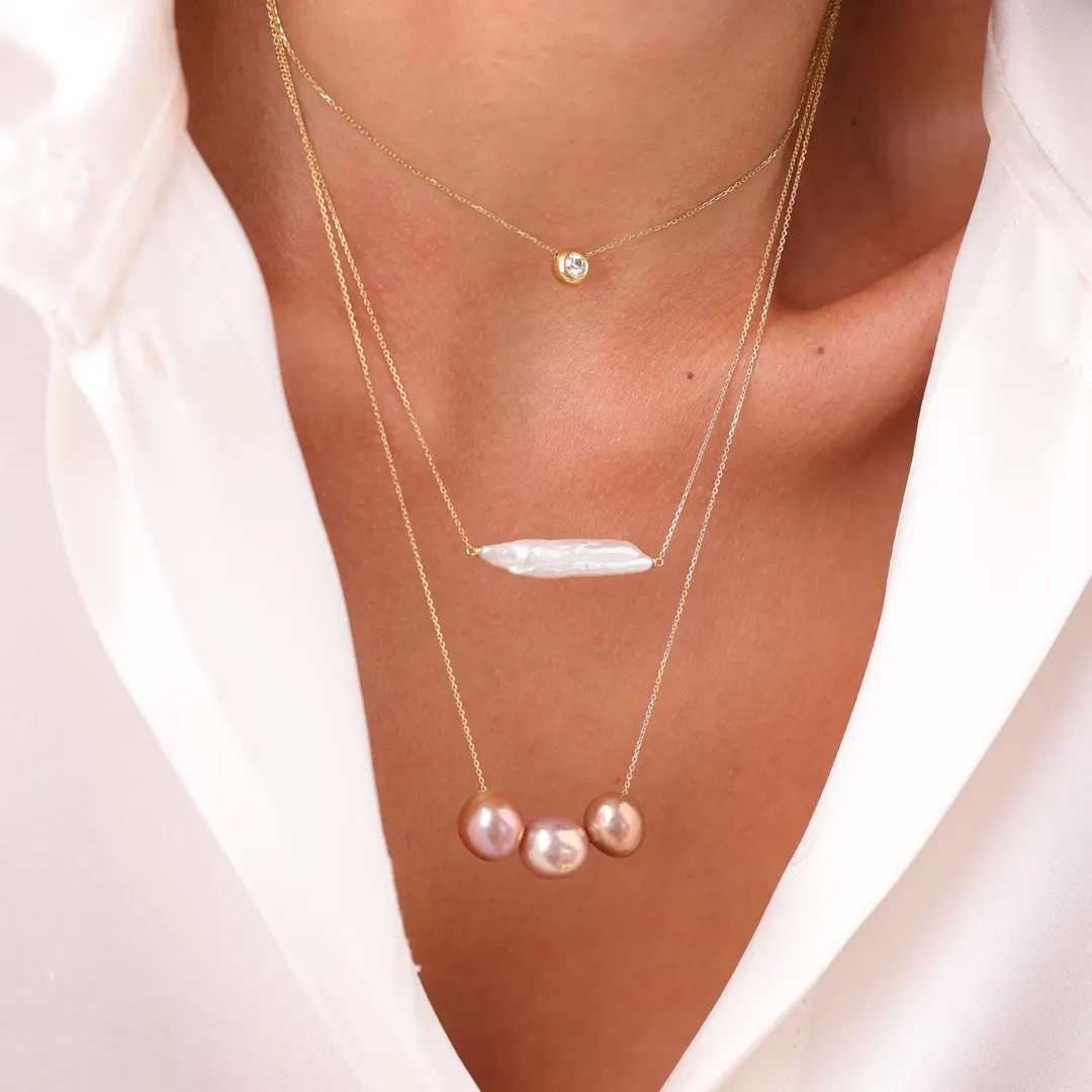 14K Gold, Baroque Long Pearl Necklace with chain - Image 2