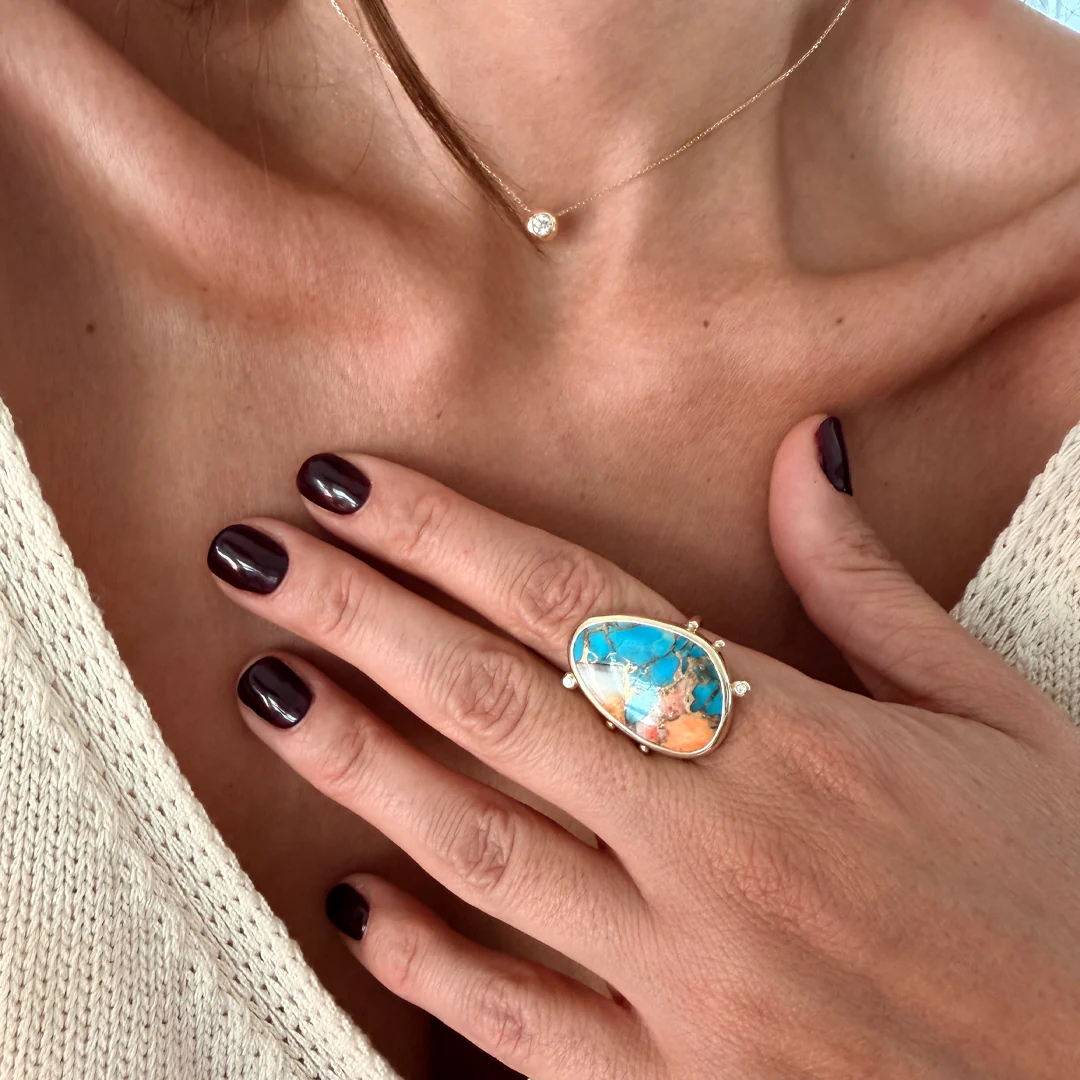 14K Gold Copper Mosaic Turquoise Ring with 2 Diamonds - Image 5