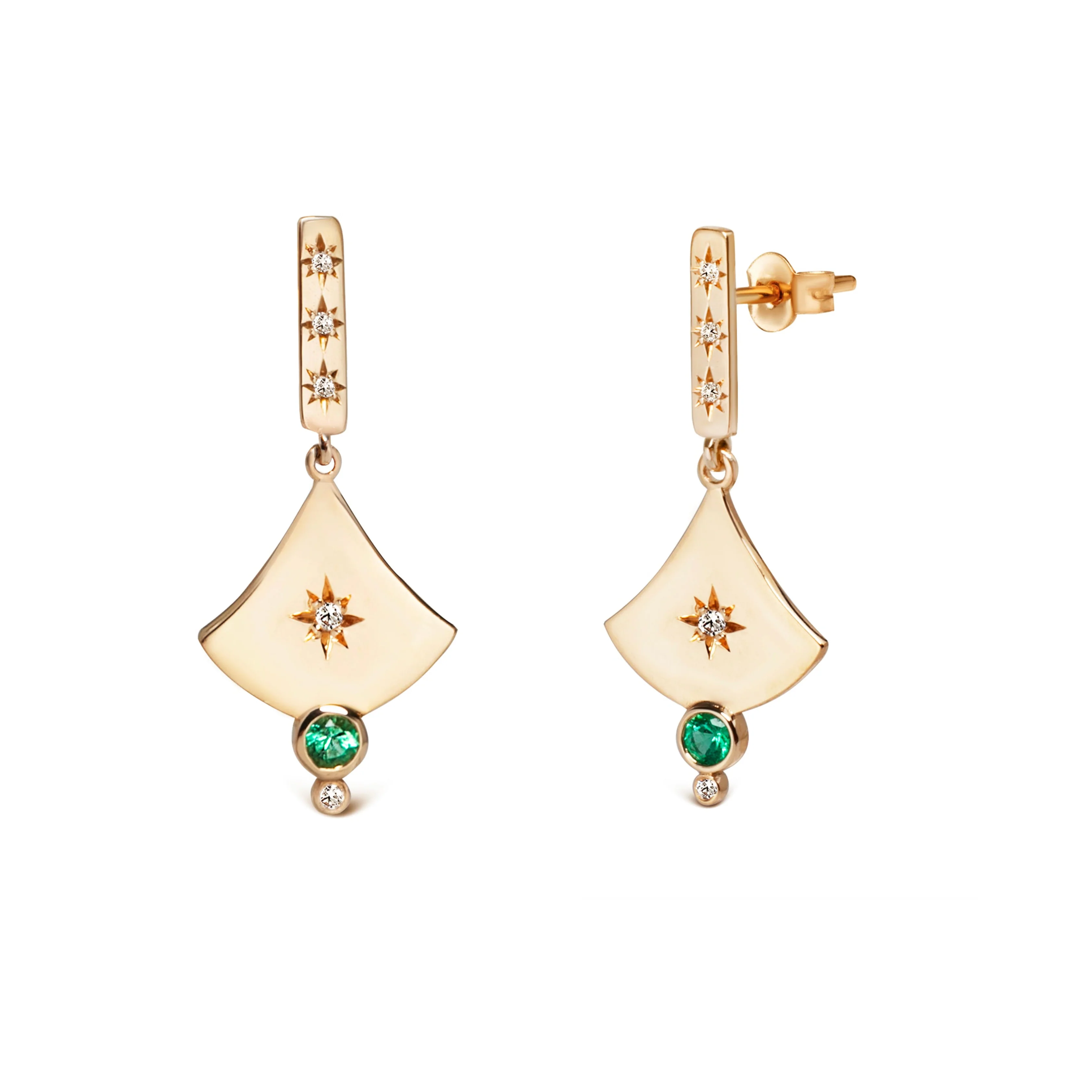 14K Gold Curved Triangle Earrings with Diamond Star & Emerald