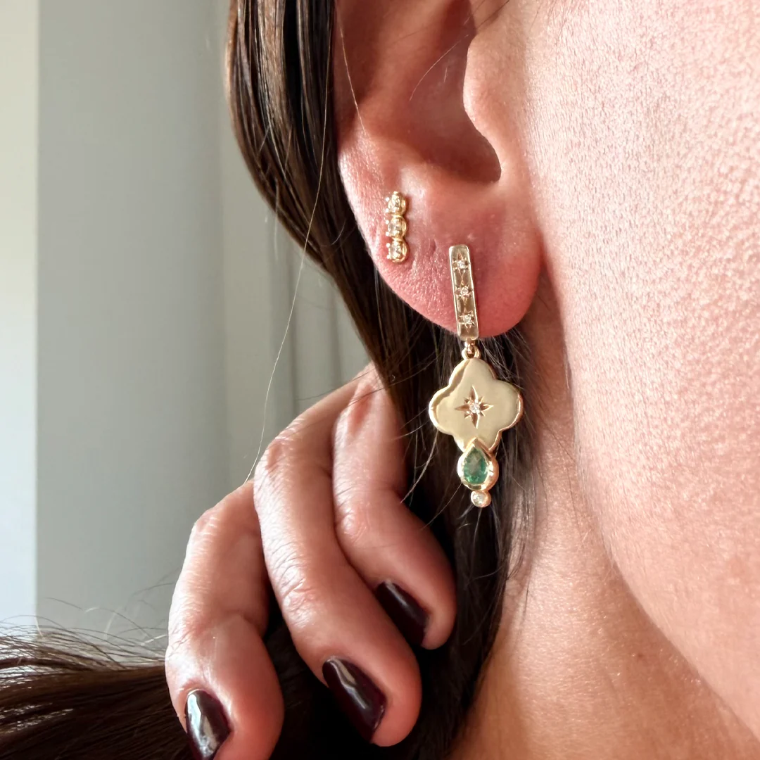 14K Gold Curved Triangle Earrings with Diamond Star & Emerald - Image 2