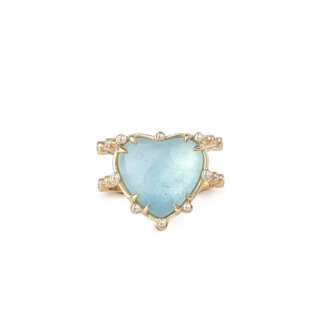 14K Gold Double Band, Aquamarine Heart Ring with Diamonds