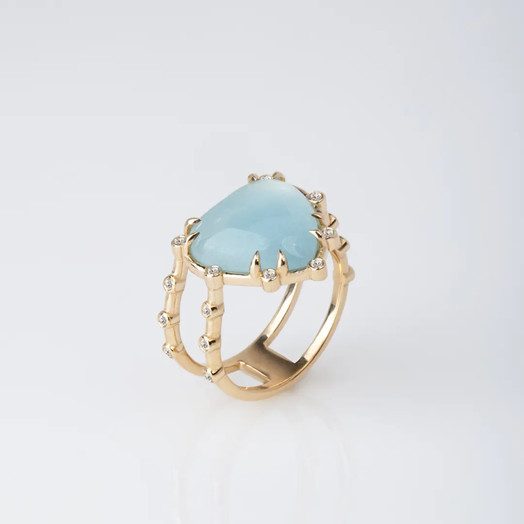 14K Gold Double Band, Aquamarine Heart Ring with Diamonds - Image 2