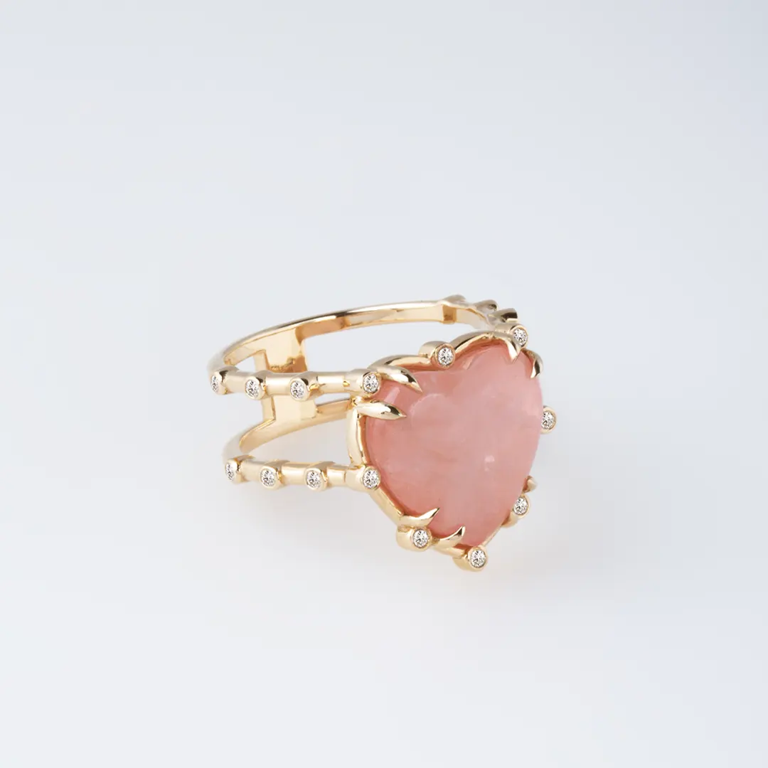 14K Gold Double Band,  Morganite Heart Ring with Diamonds - Image 2