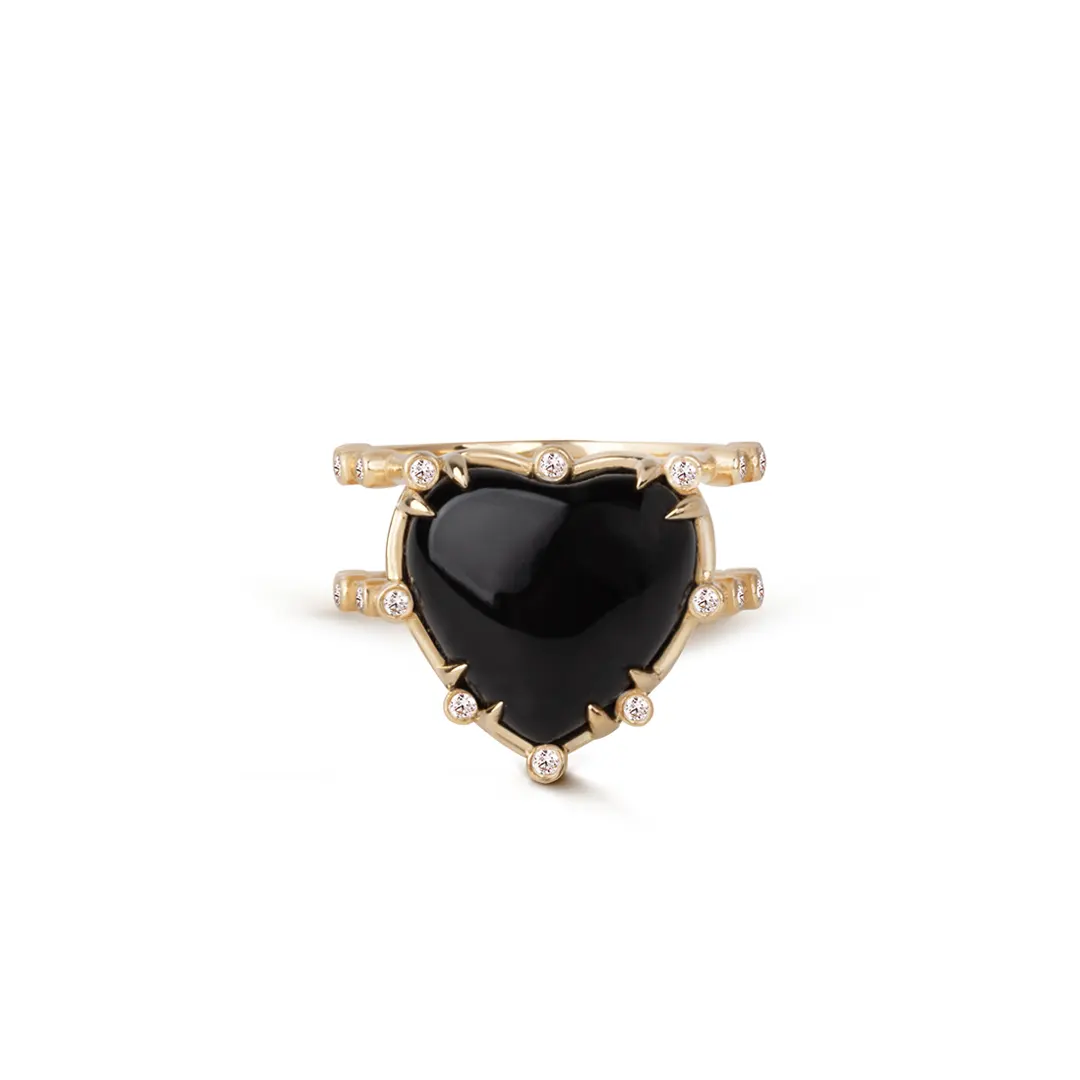 14K Gold Double Band, Onyx Heart Ring with Diamonds