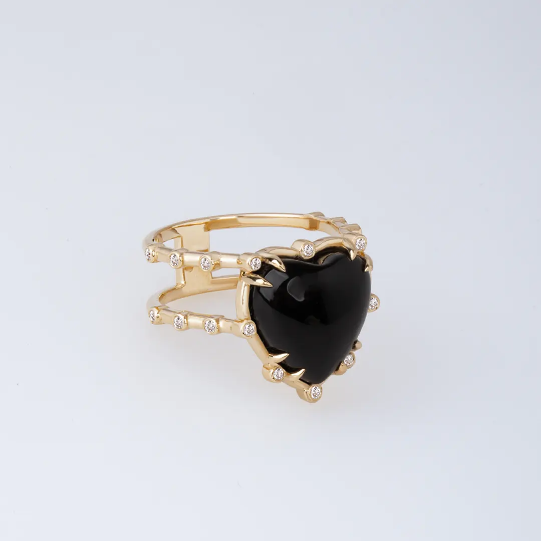 14K Gold Double Band, Onyx Heart Ring with Diamonds - Image 2