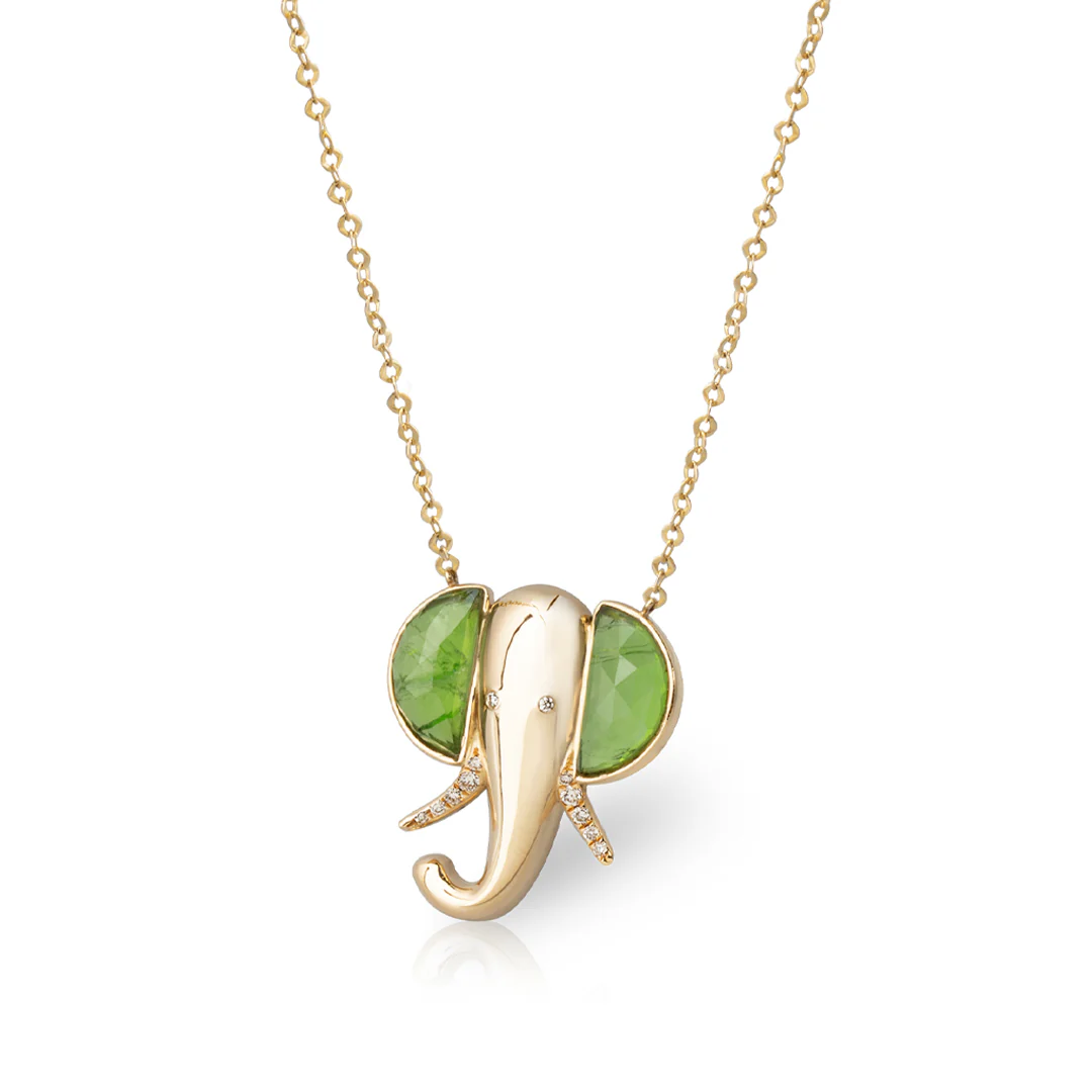 14K Gold Elephant Necklace with Dioptase and Diamonds - Image 2