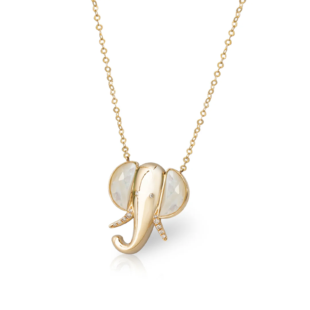14K Gold Elephant Necklace with Mother of Pearl and Diamonds - Image 2