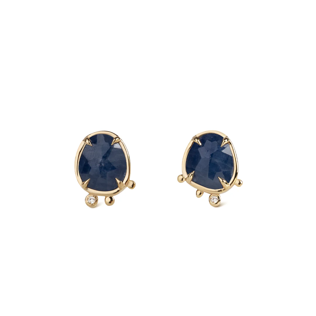 Midnight Stillness - 14K Gold Sapphire Stud Earrings with Diamond