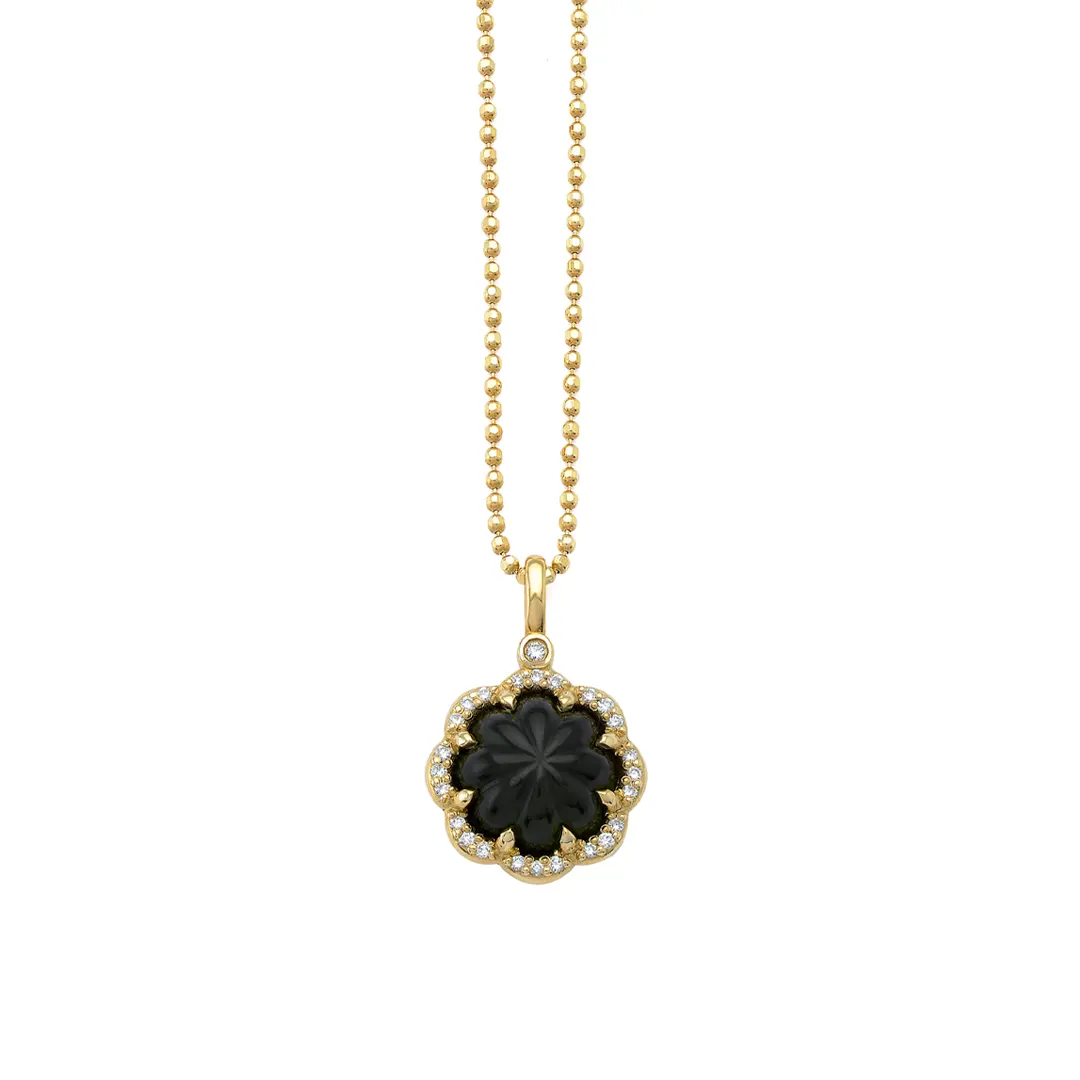 14K Gold Flower Necklace with  carved Green Tourmaline and Diamonds - Image 3