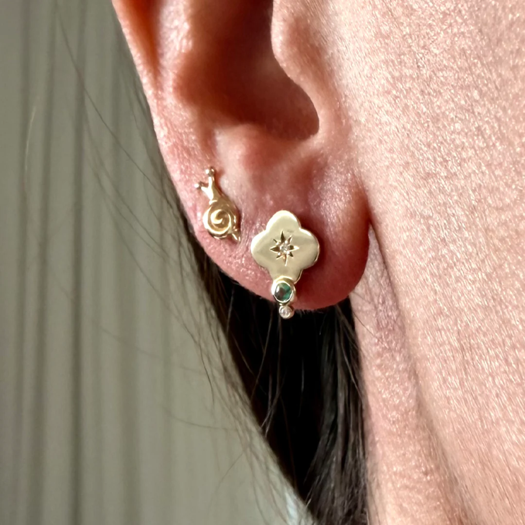 14K Gold Flower Stud Earrings with Diamonds & Emerald - Image 3