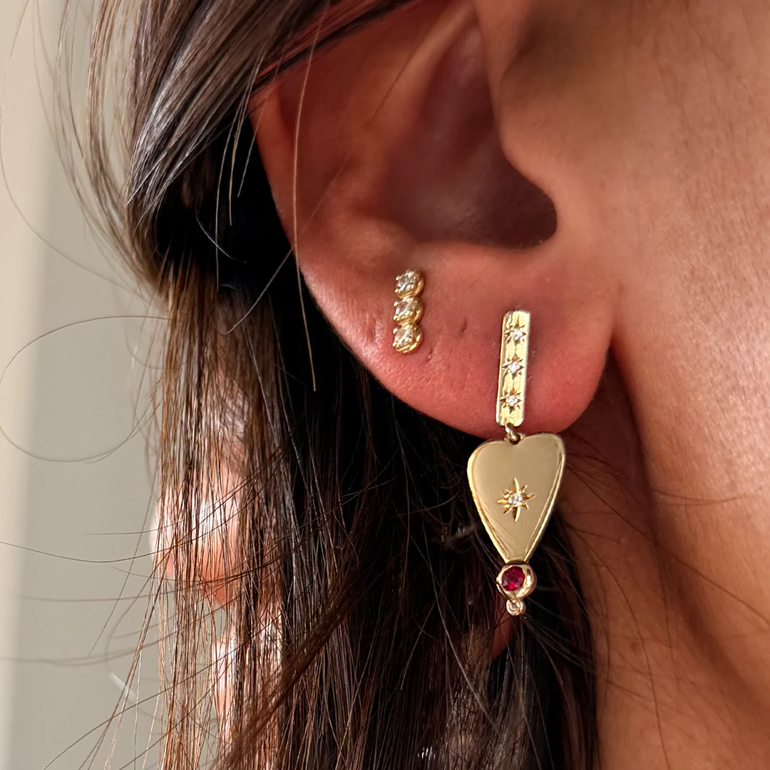 14K Gold Heart Earring with Diamond Star & Ruby - Image 3