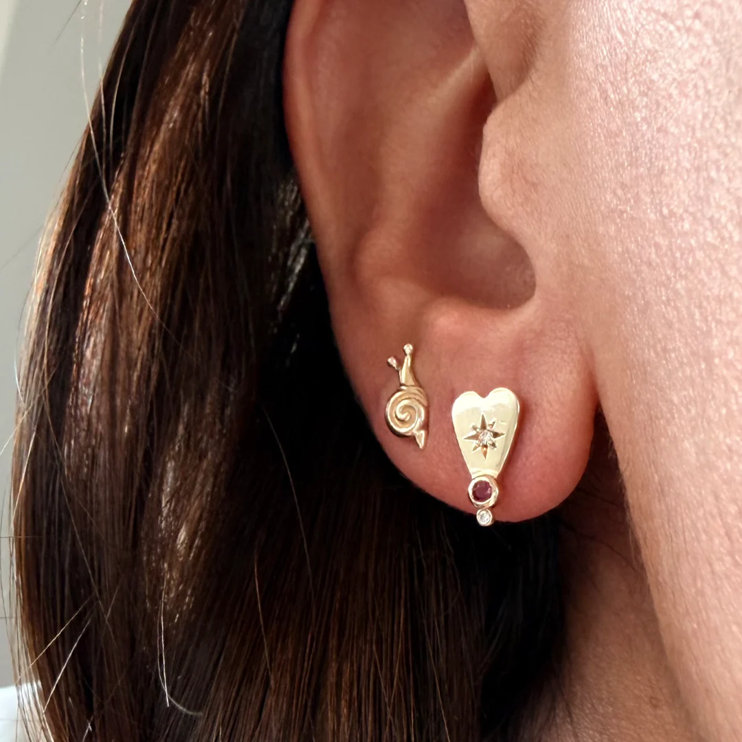 14K Gold Heart-shaped Diamond Star Earrings with Ruby - Image 2