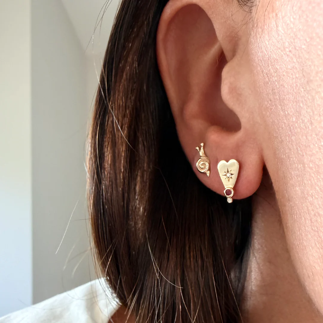 14K Gold Heart-shaped Diamond Star Earrings with Ruby - Image 3