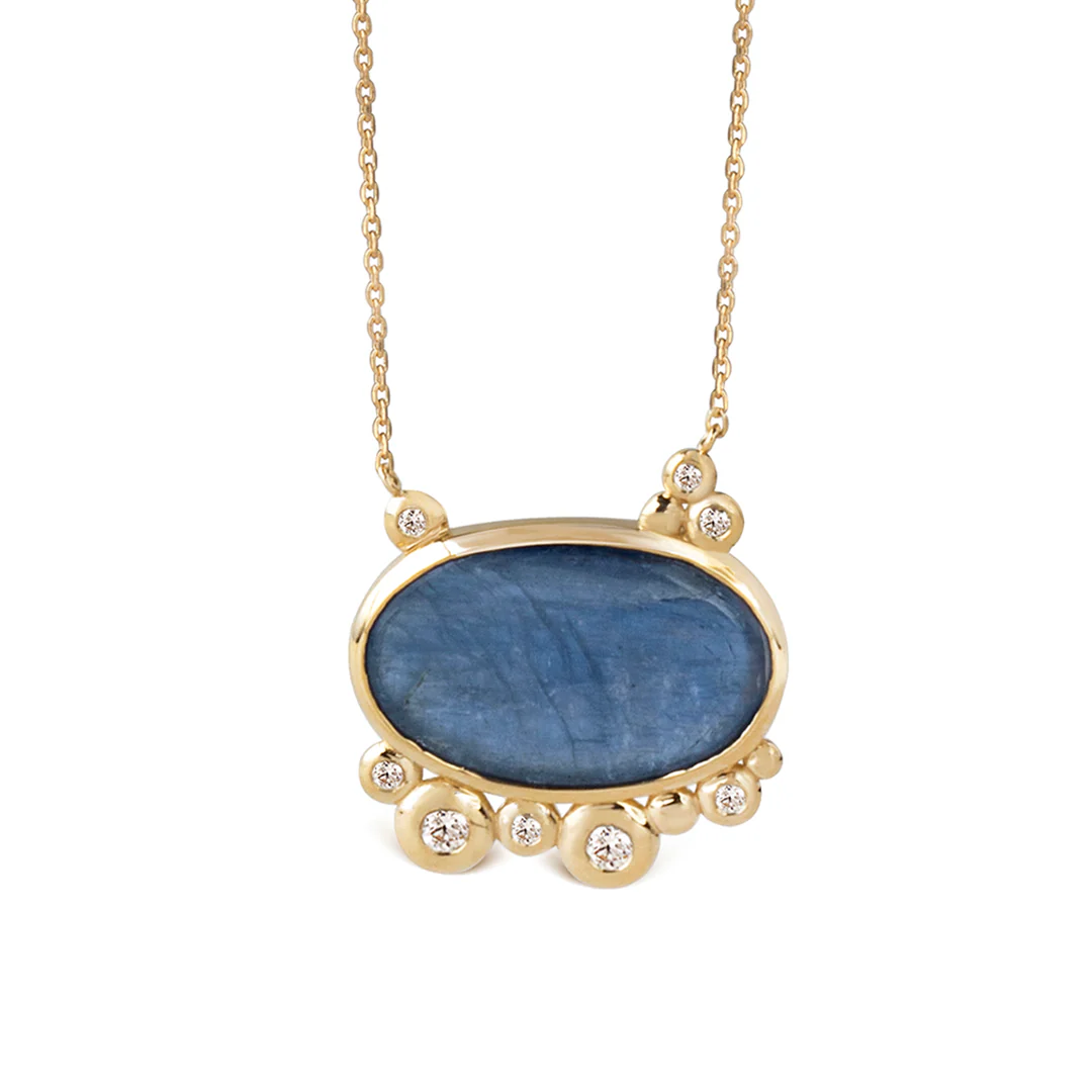 14K Gold Horizontal Kyanite Necklace with Diamonds