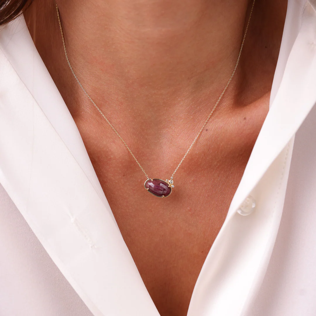 14K Gold Horizontal Ruby Necklace  with 4 diamonds - Image 4