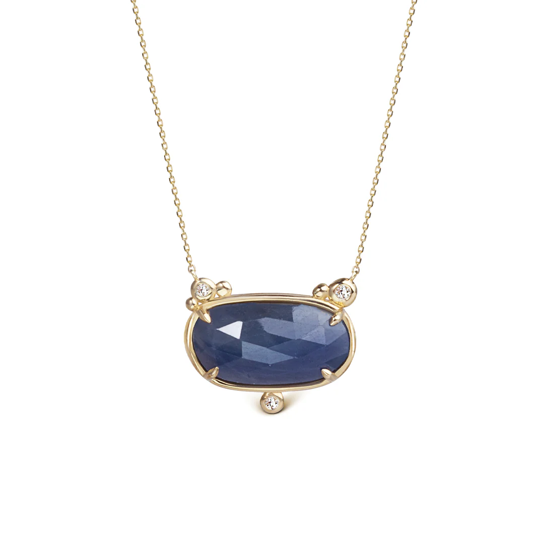 14K Gold Horizontal Sapphire Necklace with 3 diamonds