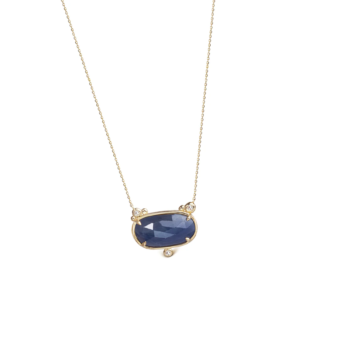 14K Gold Horizontal Sapphire Necklace with 3 diamonds - Image 3
