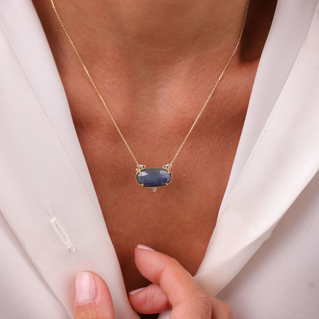 14K Gold Horizontal Sapphire Necklace with 3 diamonds - Image 4