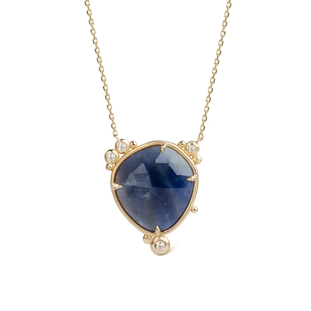 14K Gold Near-round Sapphire Necklace with a diamond
