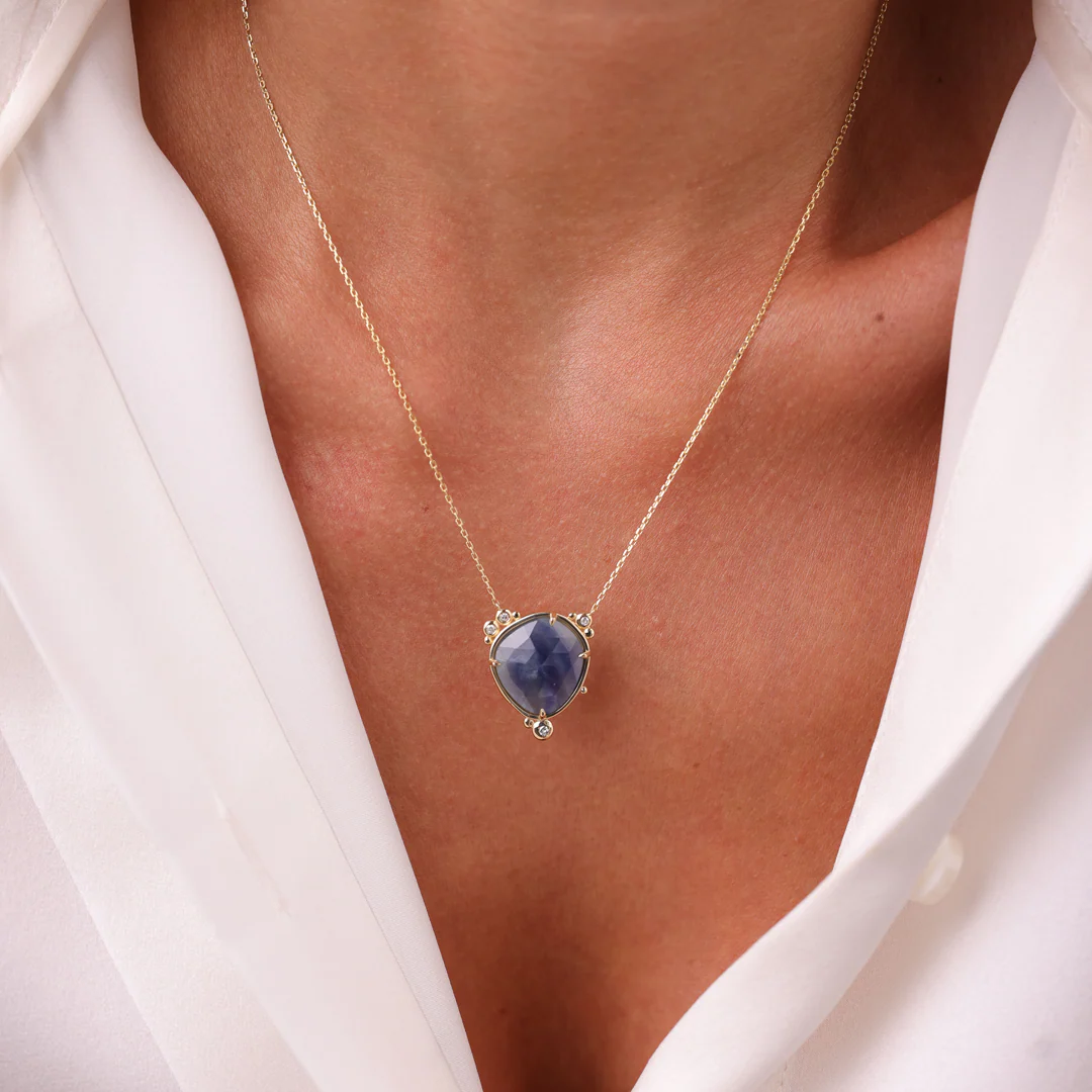 14K Gold Near-round Sapphire Necklace with a diamond - Image 3