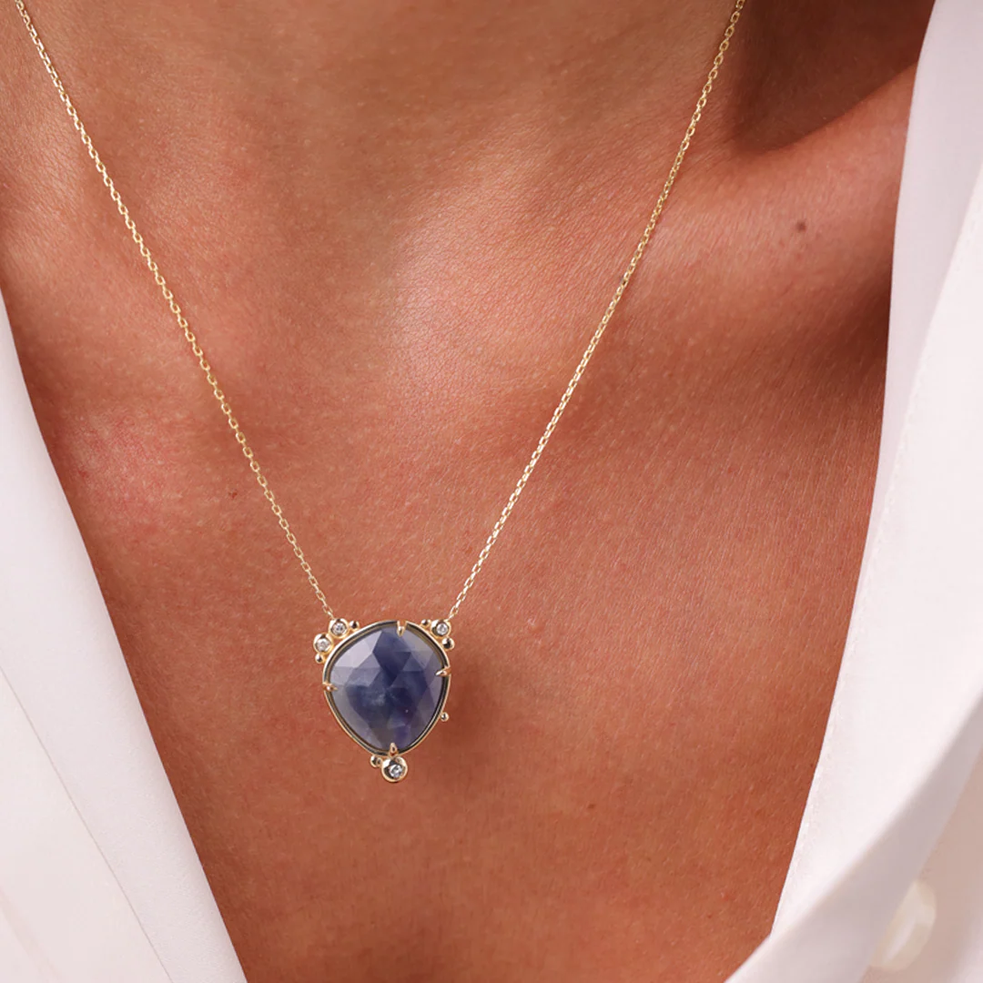 14K Gold Near-round Sapphire Necklace with a diamond - Image 4