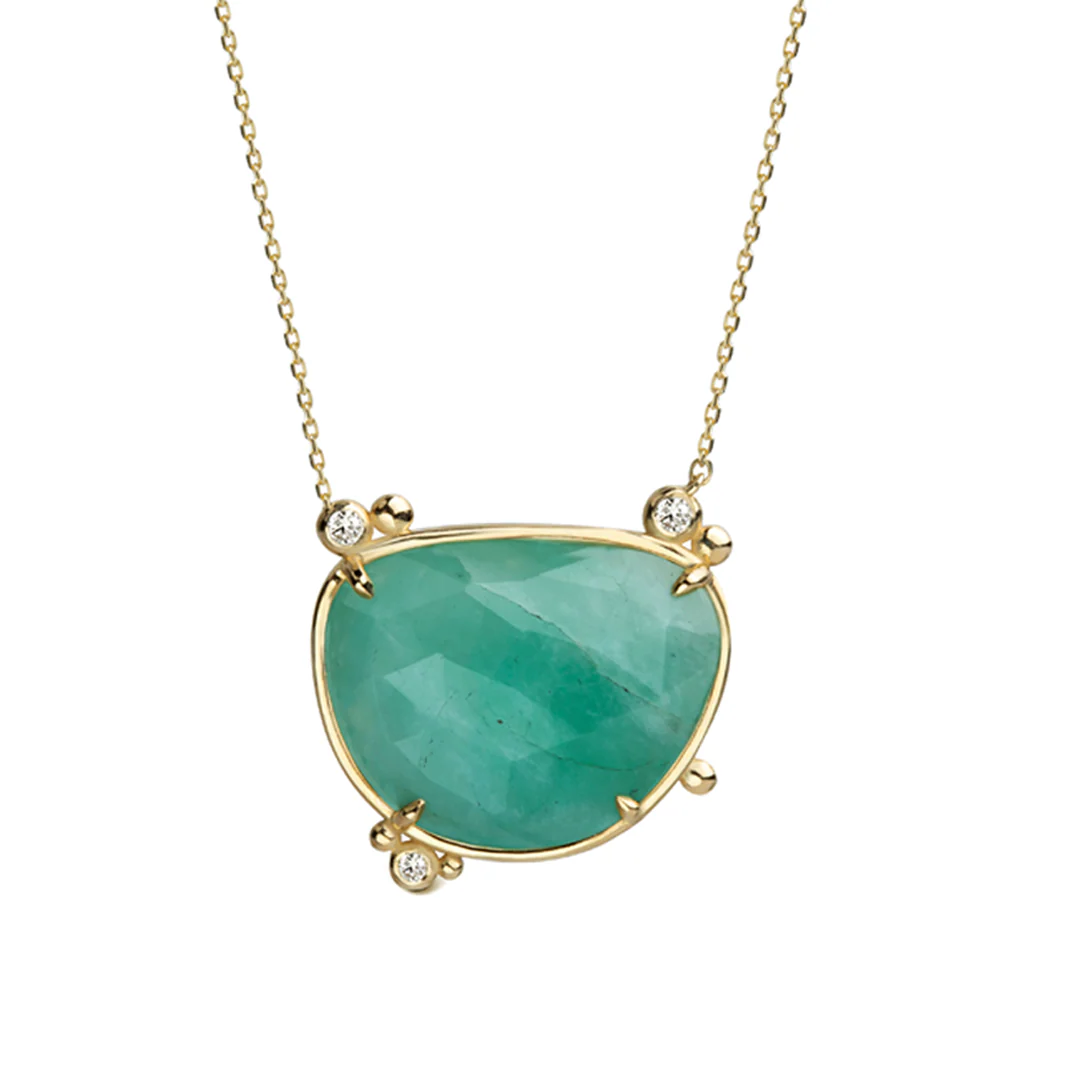 14K Gold Irregular Emerald Necklace with 3 diamonds