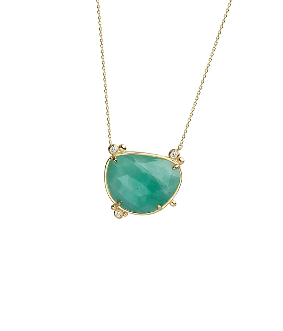 14K Gold Irregular Emerald Necklace with 3 diamonds - Image 2