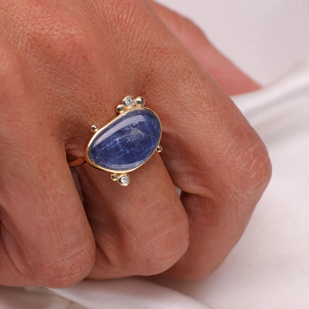 14K Gold  Irregular Kyanite Ring with 2 Diamonds - Image 3