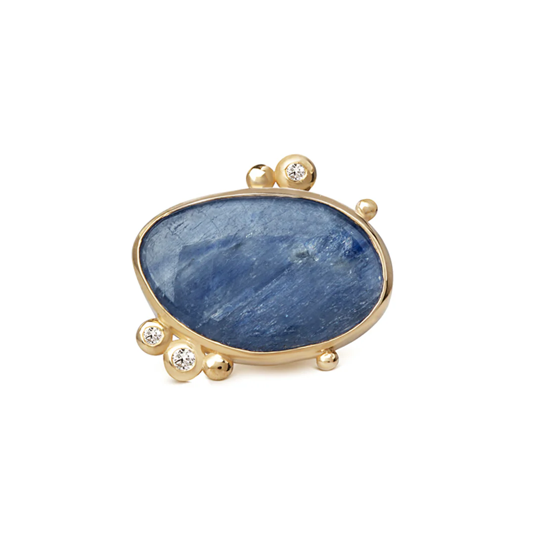 14K Gold Irregular Kyanite Ring with 3 Diamonds