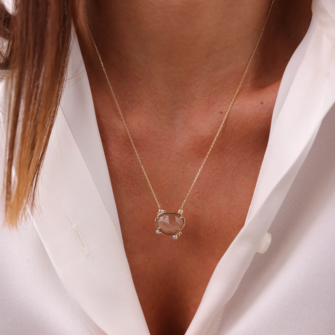 14K Gold Irregular Moonstone Necklace with 4 Diamonds - Image 3