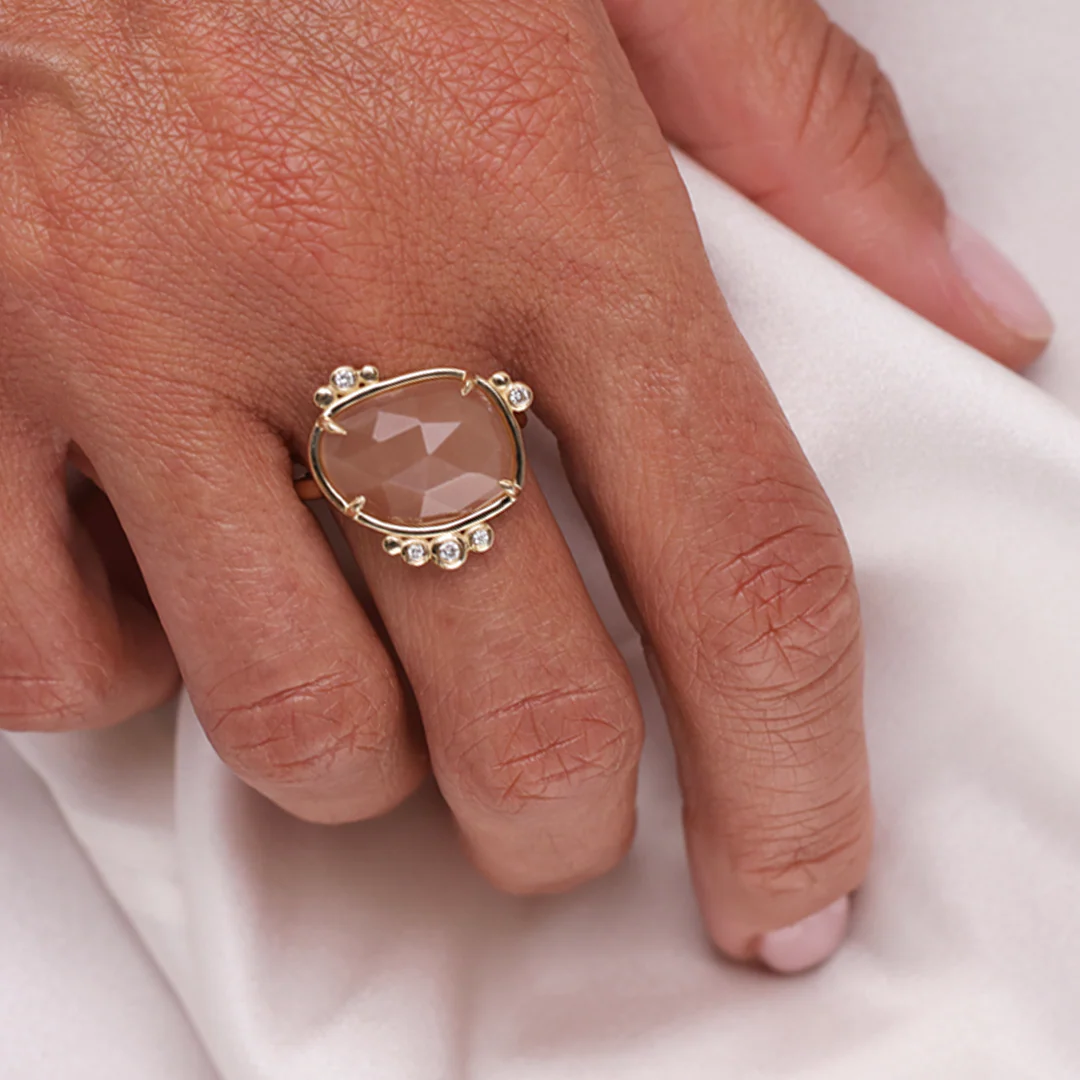14K Gold Irregular Moonstone Ring with 5 Diamonds - Image 4