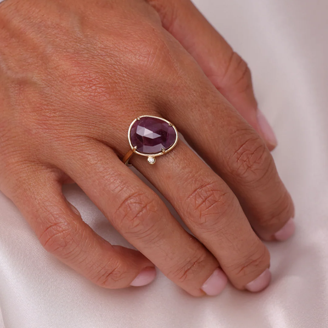 14K Gold Irregular Rose cut Ruby Ring with a Diamond - Image 2