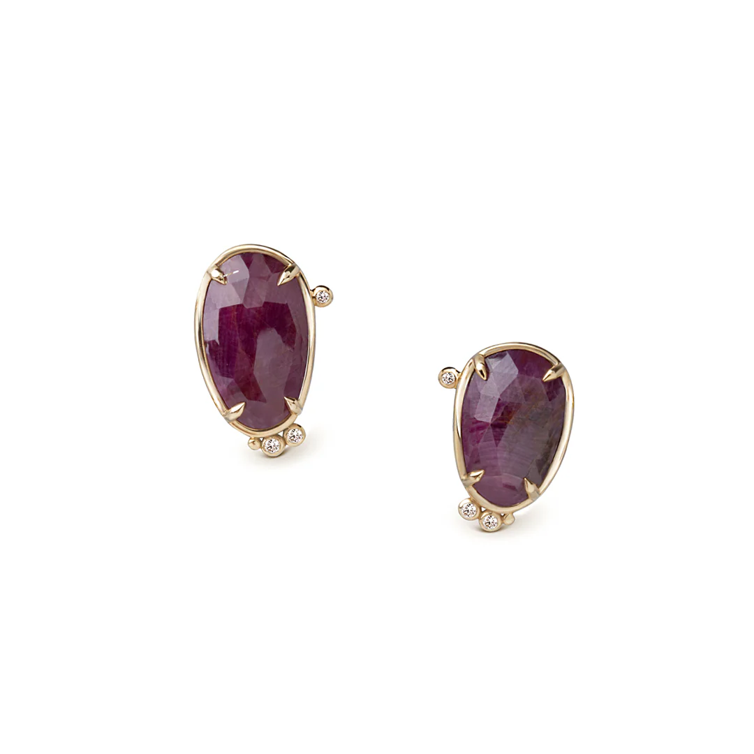 14K Gold  irregular Ruby Earrings with Diamonds - Image 2