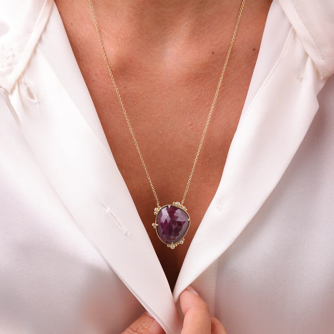 14K Gold Irregular Ruby Necklace  with 6 diamonds - Image 3