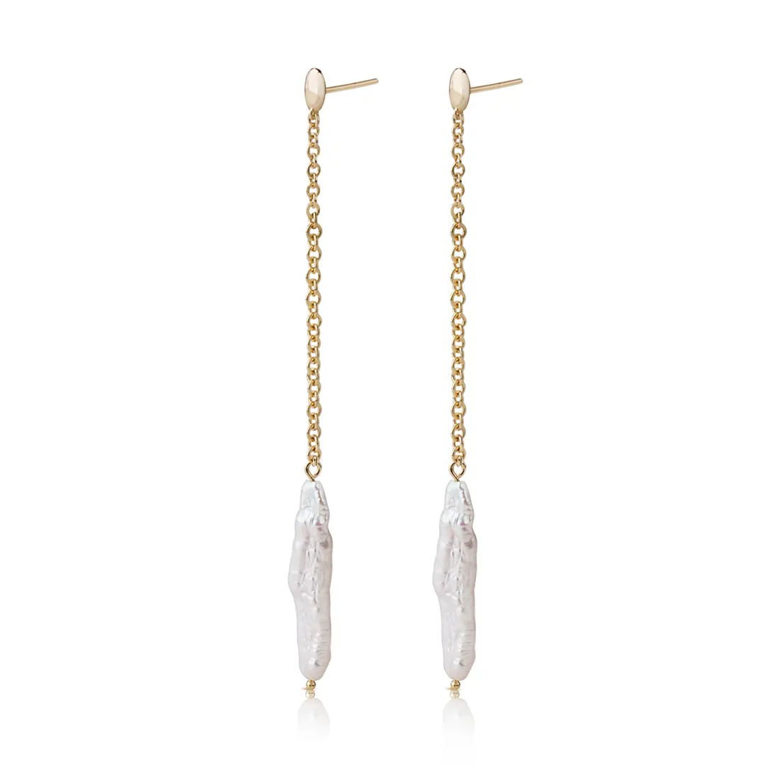 14K Gold long Baroque Pearl chain Earrings