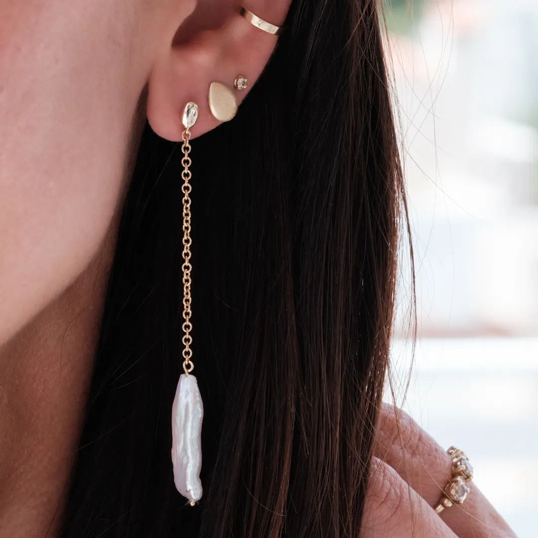14K Gold long Baroque Pearl chain Earrings - Image 2