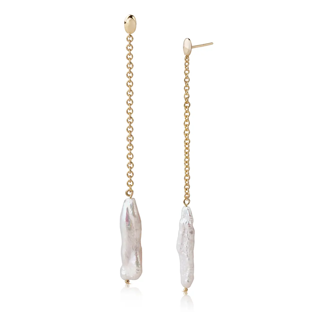 14K Gold long Baroque Pearl chain Earrings - Image 3