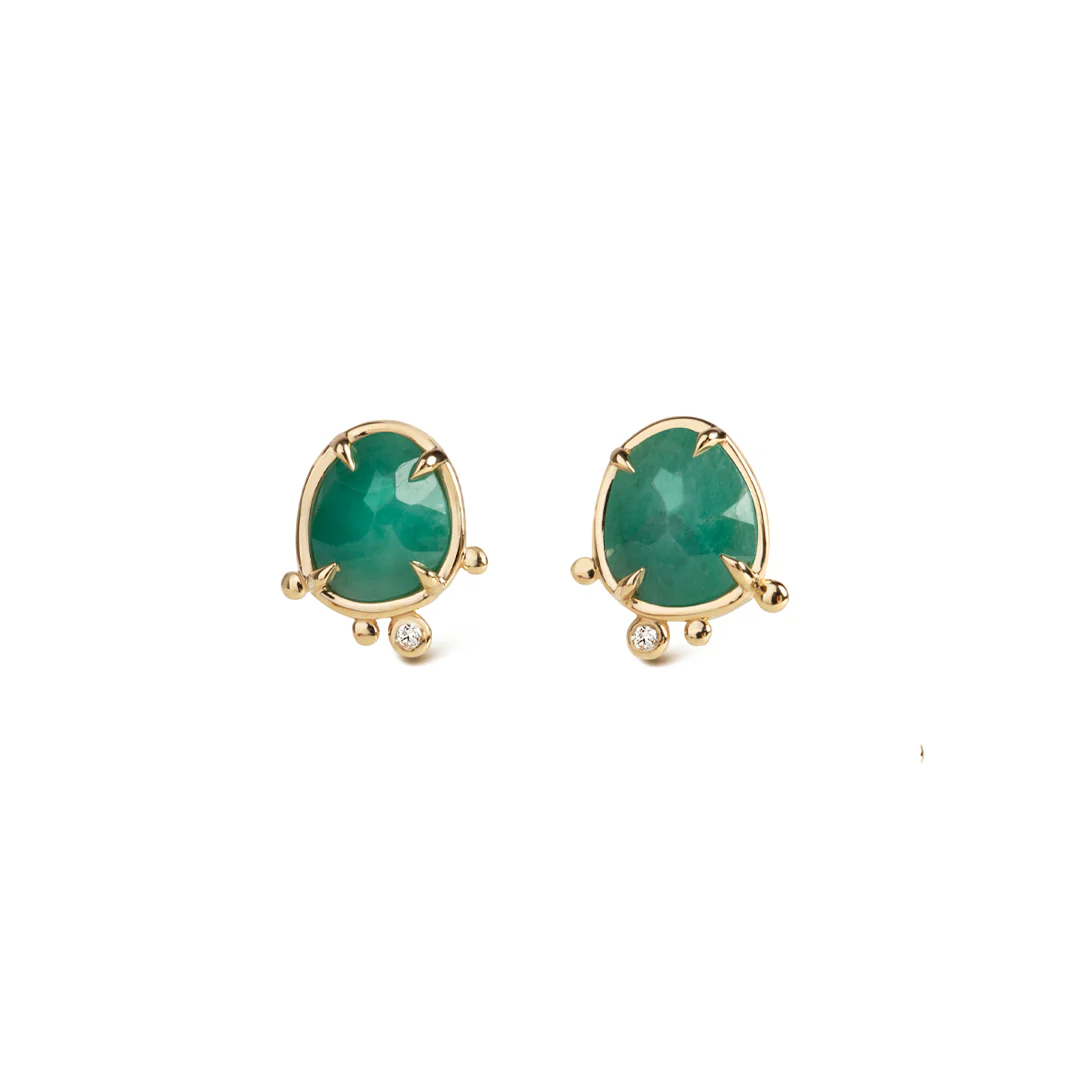 Verdant Pulse - 14K Gold Emerald Stud Earrings with Diamond