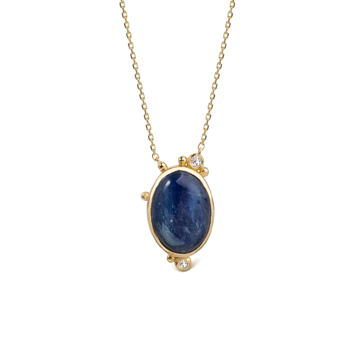 14K Gold Oval Kyanite Necklace with 2 Diamonds