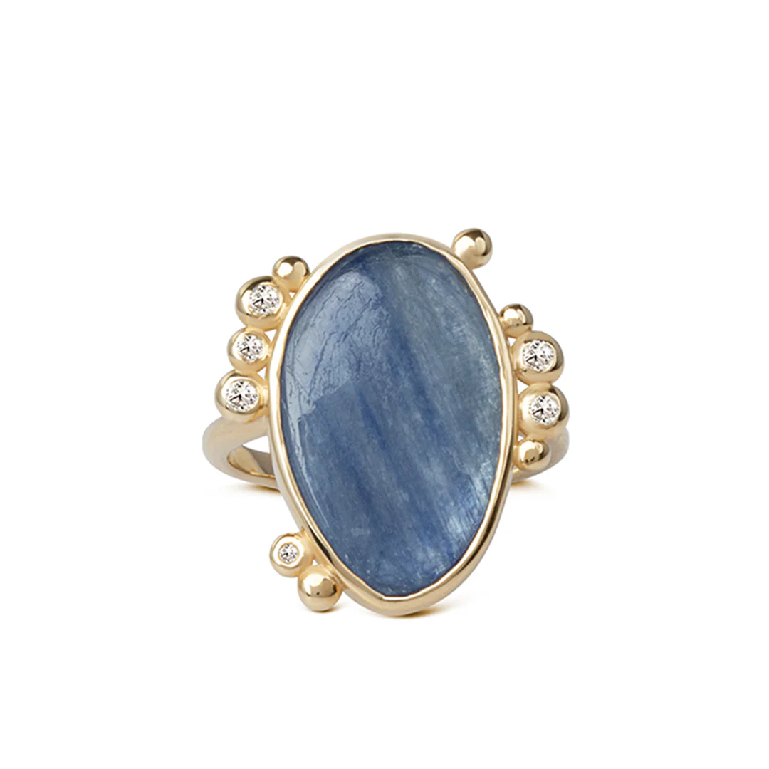 14K Gold Oval Kyanite Ring with 6 Diamonds