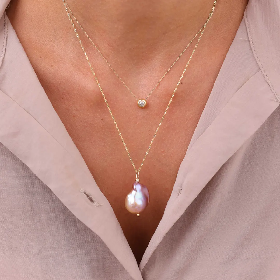 14K Gold, Pink Pearl Drop Necklace - Image 2