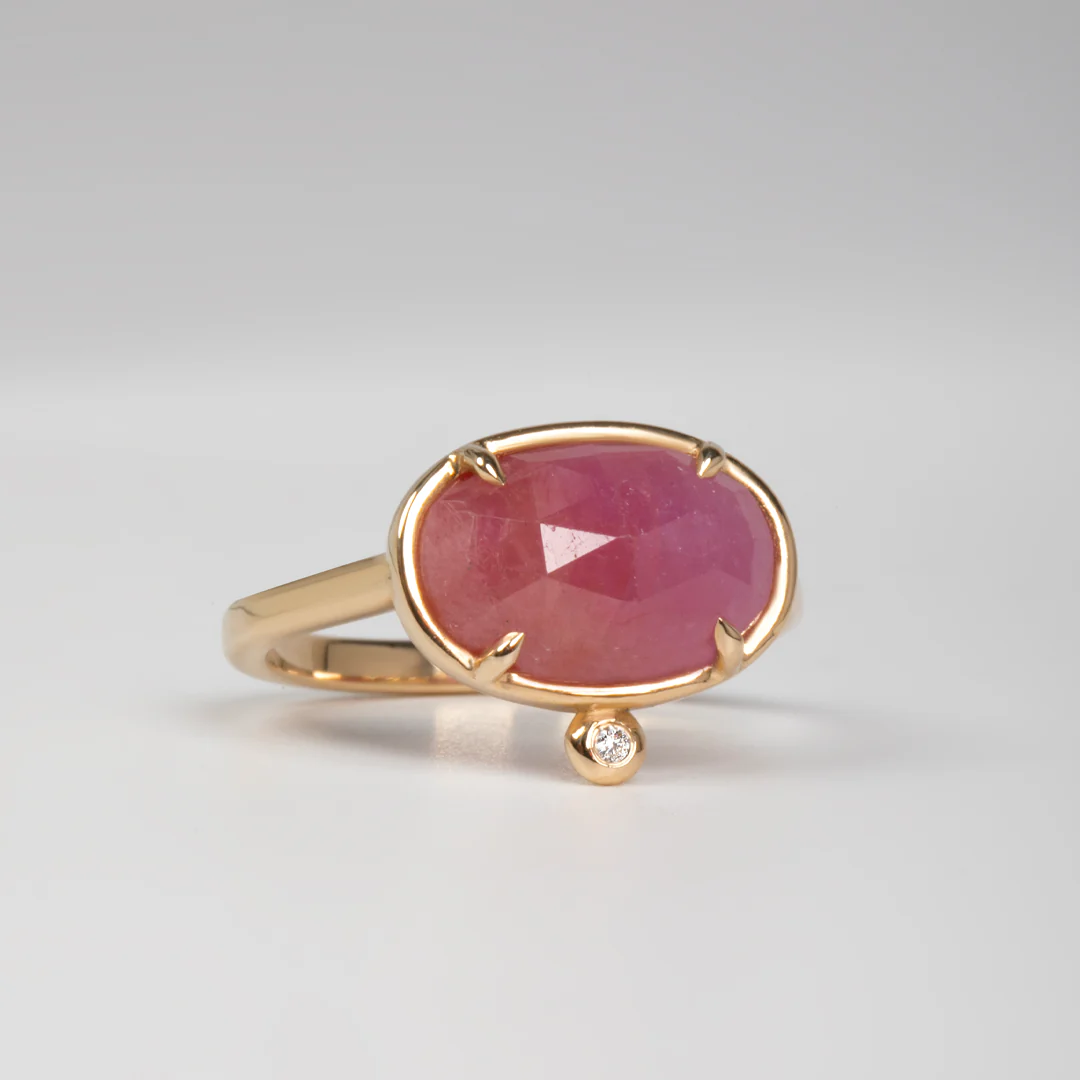 14K Gold Rectangle Rose cut Ruby Ring with a Diamond - Image 4