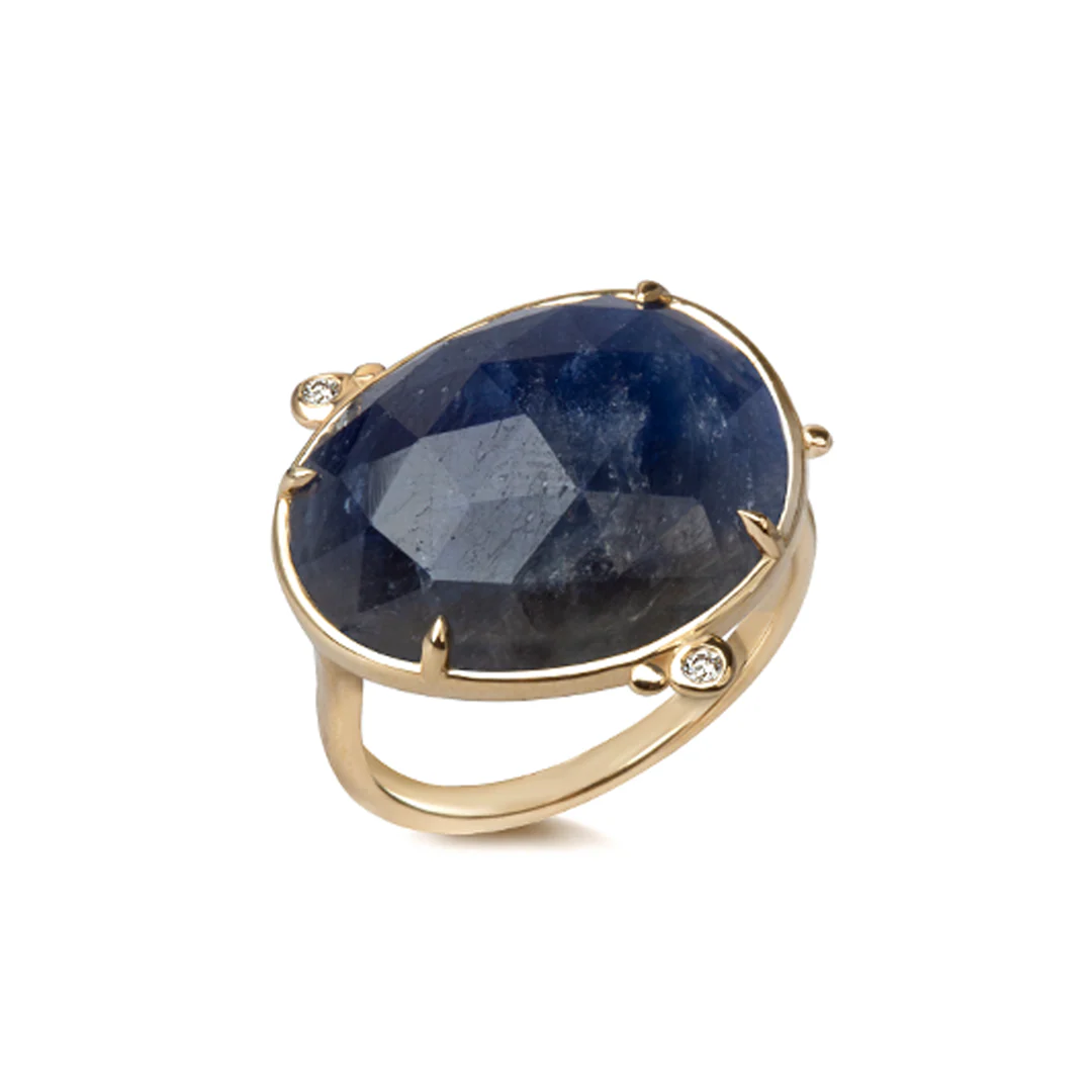 14K Gold Rose Cut Sapphire Ring with 2 Diamonds - Image 2