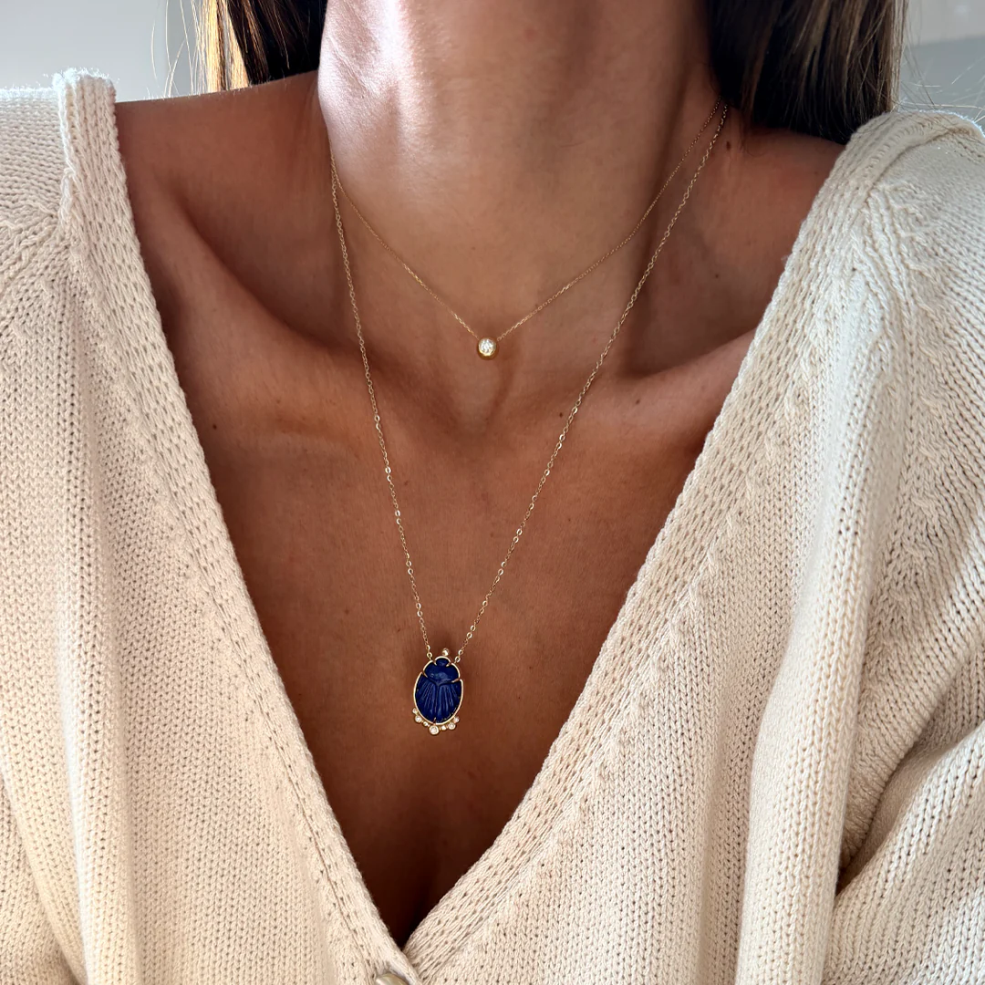 14K Gold Scarab Lapis Lazuli Pendant Necklace with Diamonds - Image 6