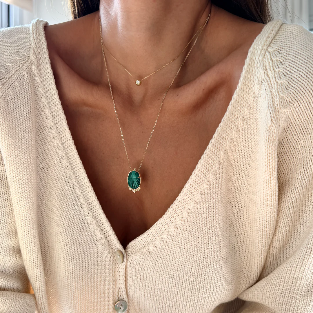 14K Gold Scarab Malachite Pendant Necklace with Diamonds - Image 6