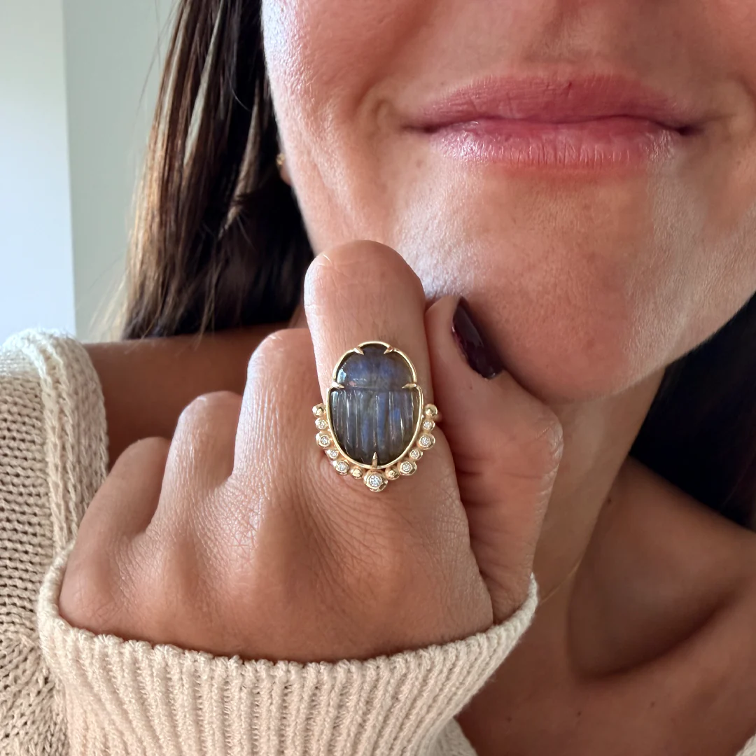 14K Gold Scarab Grey Moonstone Ring with Diamonds - Image 2